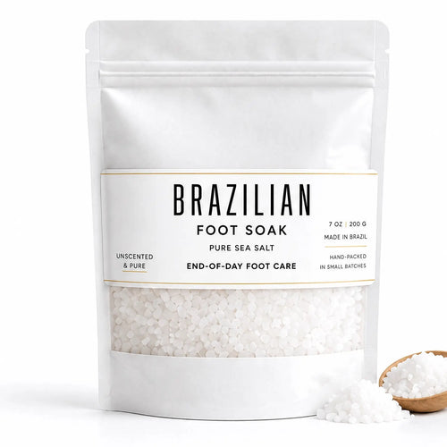 Brazilian Foot Soak pouch, 7 oz / 200 g of pure Brazilian sea salt. Unscented and pure, end-of-day foot care, made in Brazil, hand-packed in small batches.