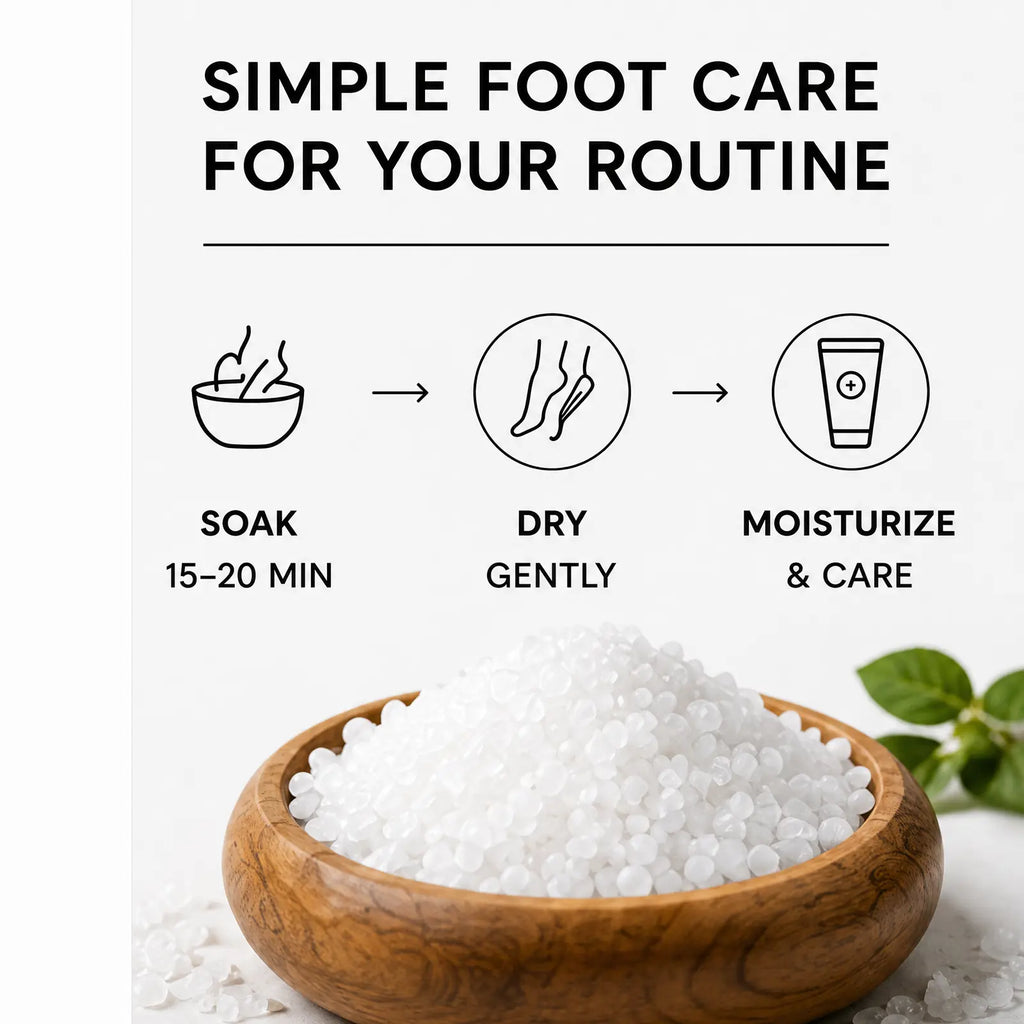 Simple foot care for your routine: soak 15 to 20 minutes, dry gently, then moisturize and care.