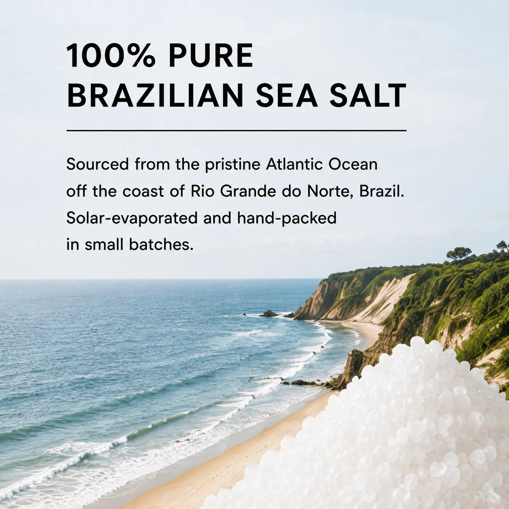 100% pure Brazilian sea salt, sourced from the Atlantic Ocean off the coast of Rio Grande do Norte, Brazil. Solar-evaporated and hand-packed in small batches.