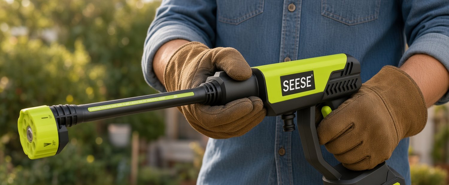 A gloved hand holding the tool, showing its size from the nozzle to the grip